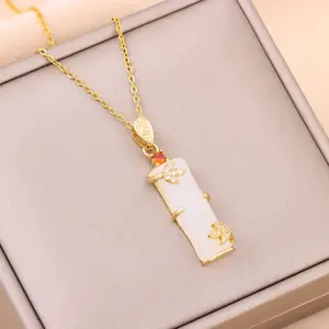 Vintage Style Elegant Bamboo Pendant Women Necklaces Female Trendy Daily Wear Party Accessories Ladies Stainless Steel Jewelry