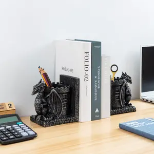 Medieval Black Resin Dragon Guarding Castle Bookends and Pencil Holder, Desk Fantasy Dragons Tower Pen Cups