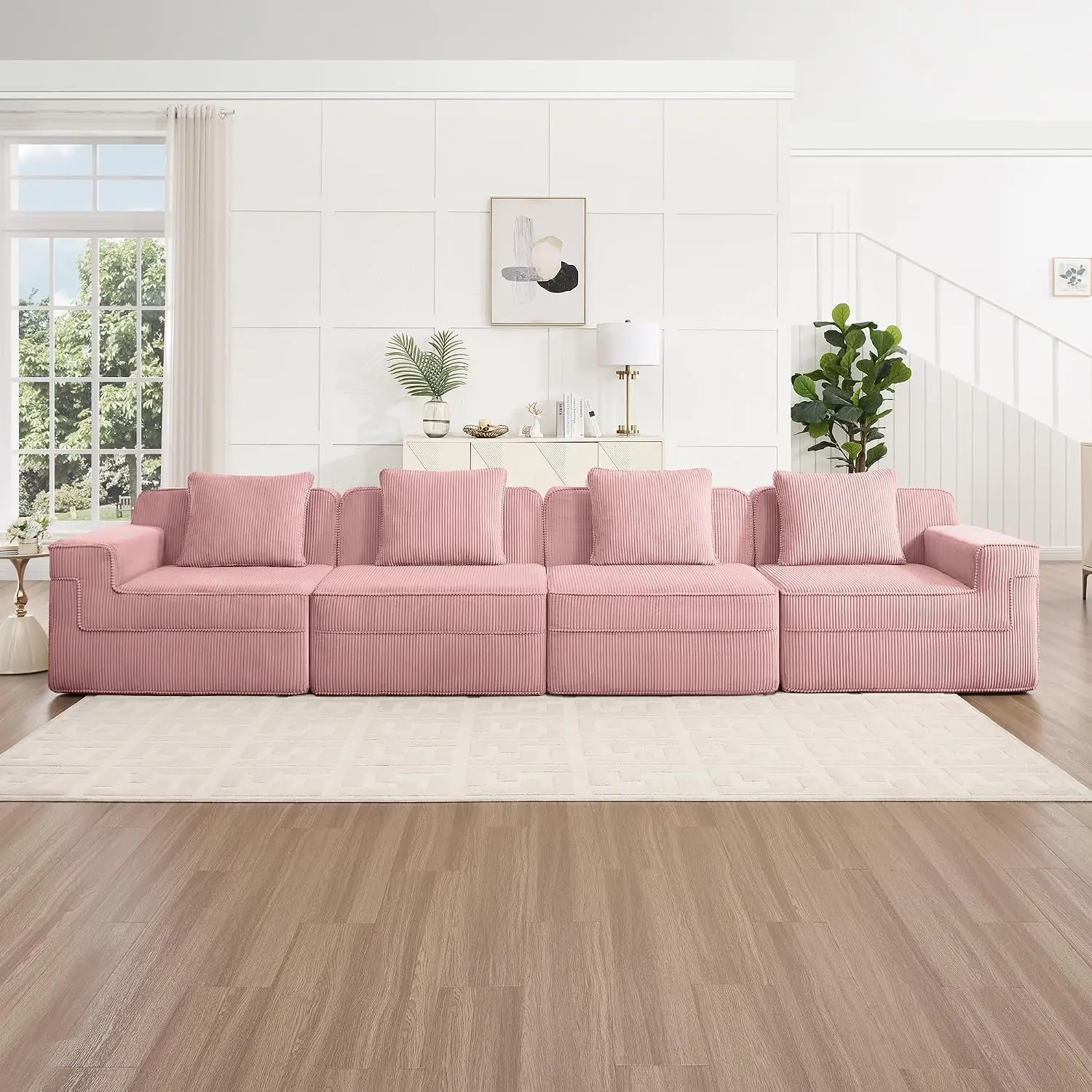 Boneless Sectional L-Shaped Comfy Couch - 153.5" Modern Modular 4-Seat Space-Saving Foam Cloud Cushion Corduroy Sofa Set, Fixed Arms, Throw Pillows, Fire Safety Label, Pre-Assembled Unbox and Fluff (Pink)