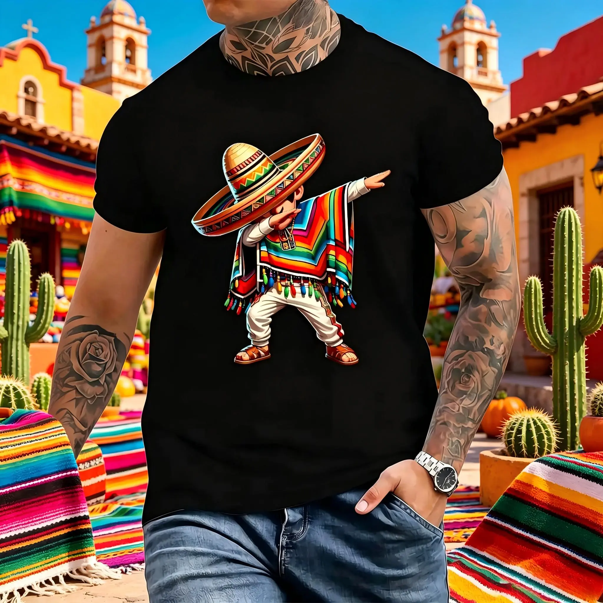 Men's 100% Cotton Graphic T-Shirt - Sombrero Dab Dance Meme Digital Print, Crew Neck, Relaxed Fit Casual Menswear Tops, Funny Mexican Short-Sleeve T-Shirt for All Seasons, Funny Mexican Graphic Men's Short-Sleeve T-Shirts