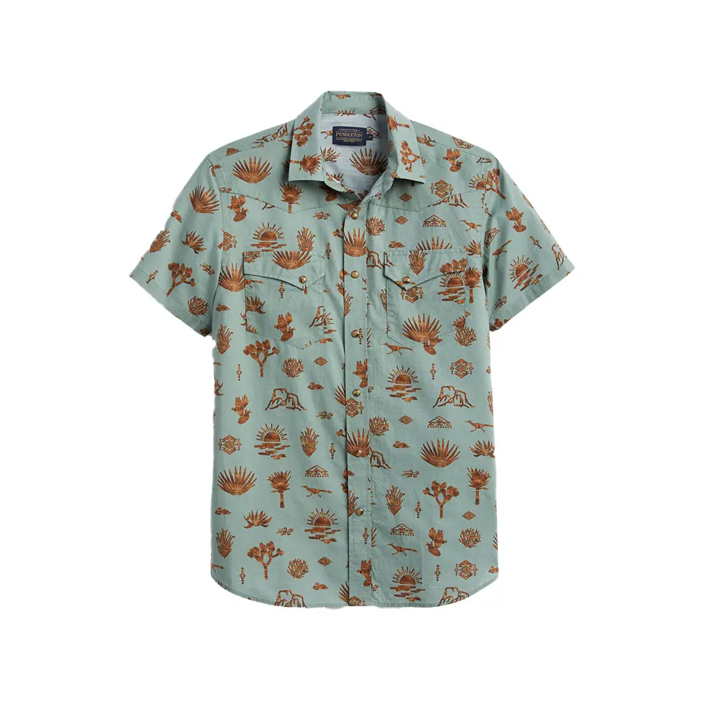 Pendleton Men's Western-Inspired Short Sleeve Collared Neck Cotton Top, Desert Print Sage, Lightweight, Angled Pockets, Peaked Yoke - Menswear Casual Shirt
