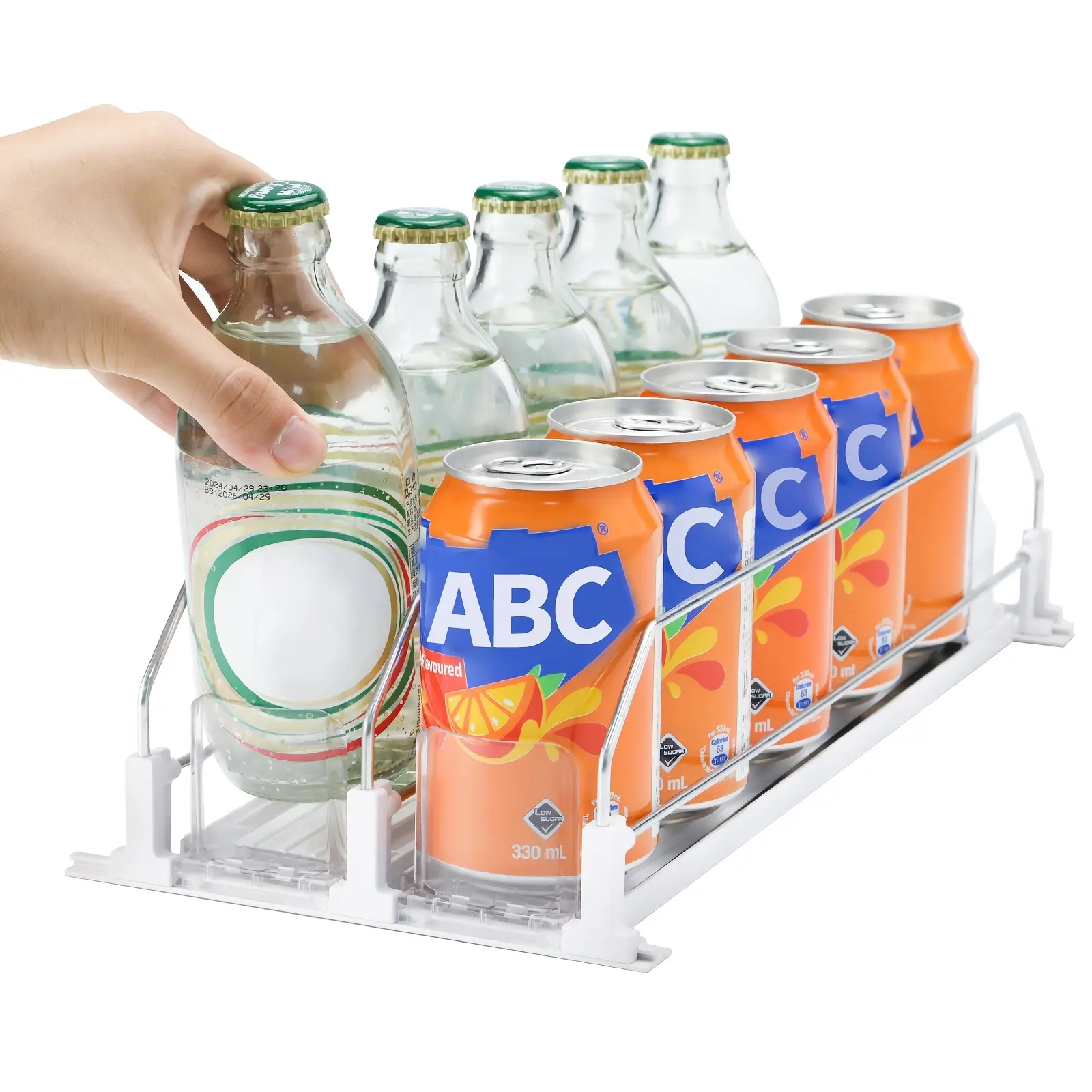 PVC Plastic Holder Organizer - 2-Row Rectangular Sliding Storage Rack with Positioning Buckle, Retail Counter Drink Pusher for Soda Cans & Bottles, Suitable for Kitchens/Offices