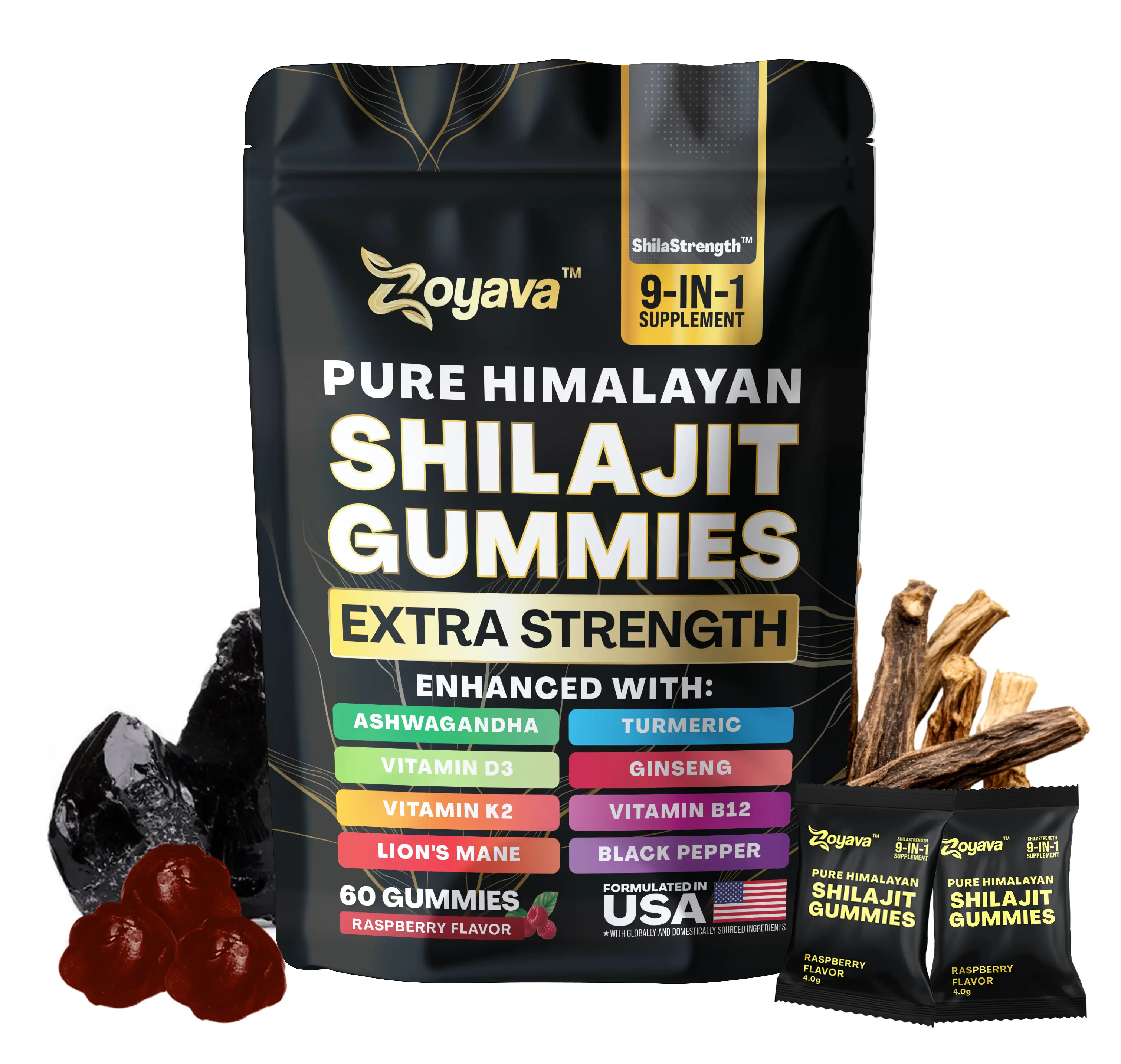 Zoyava Pure Himalayan Shilajit Gummies - Tamarind & Raspberry Flavored 9-in-1 Di...