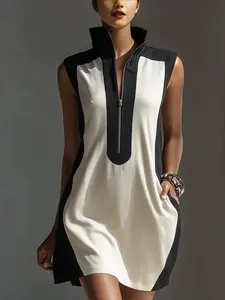 Colorblock Half-Zip Sleeveless Dress, Chic Stand Collar Design, Minimalist Colorblocking, Formal Professional Workwear Look for Office Events