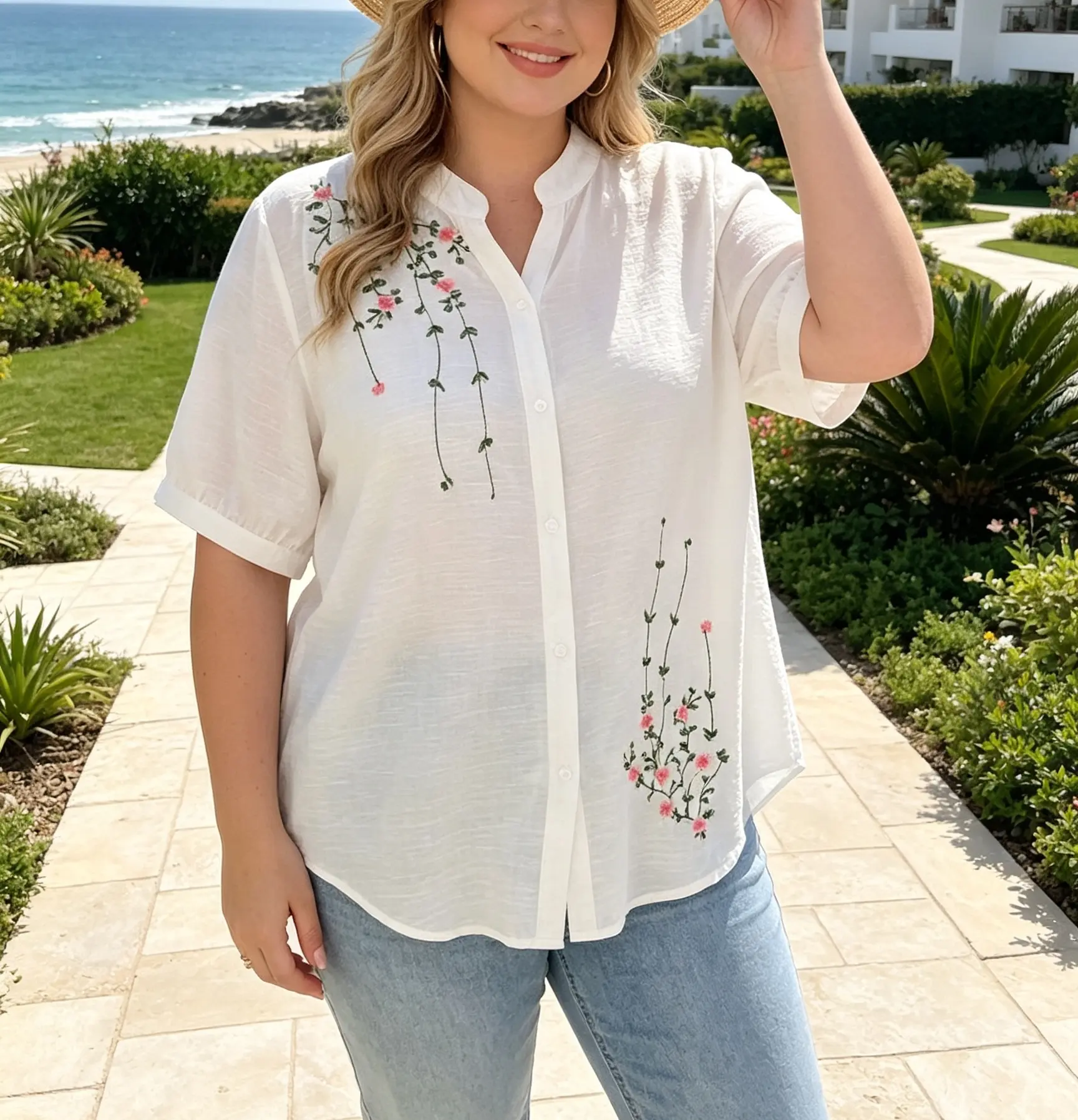 Women's Plus-Size Cotton-Linen Embroidered Short-Sleeved Loose-Fit Minimalist T-Shirt - New Summer Womenswear Top