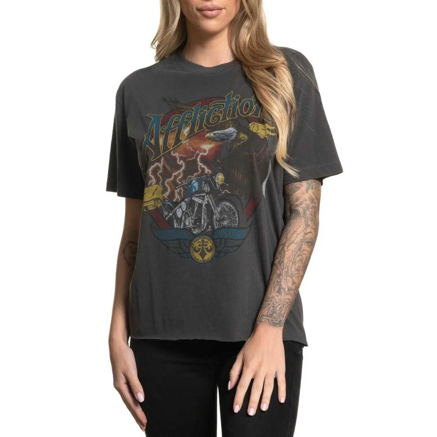 Affliction Women's T-Shirt, Black Hills Crew Neck Biker Style in 100% Cotton with Graphic Print on Front & Back, Tops, Black Cotton Tee, Casual, Tshirt, Alternative Style, Short Sleeve, Grunge Aesthetic, 90S Grunge, Gothic
