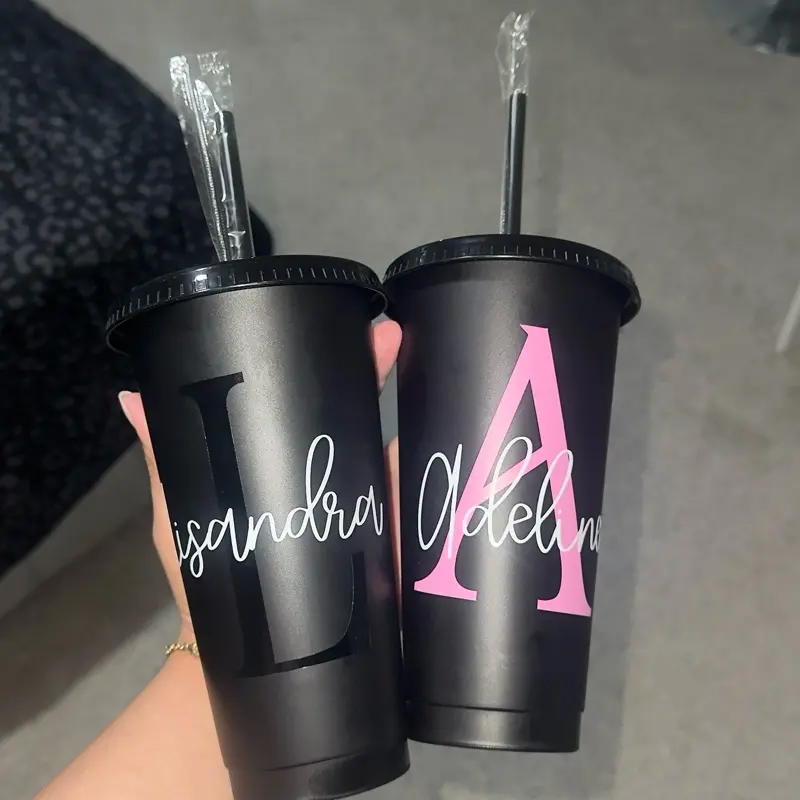 Personalized Black Tumbler with Pink and White Lettering and Straws for Customized Drinks