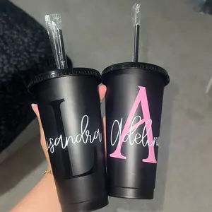 Personalized Black Tumbler with Pink and White Lettering and Straws for Customized Drinks