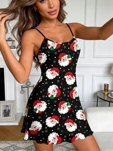 Santa Claus Printed Sleeveless Nightdress, Pleated Hem, Christmas Atmosphere, Lightweight Breathable, Spring Summer Home Essential
