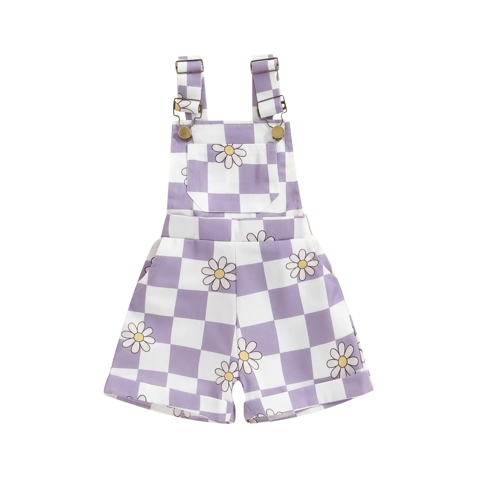 Canrulo Baby Girl Overalls Shorts Checkerboard Floral Print Summer Sleeveless Romper Jumpsuit Newborn Toddler Cute Clothes 6M-6T