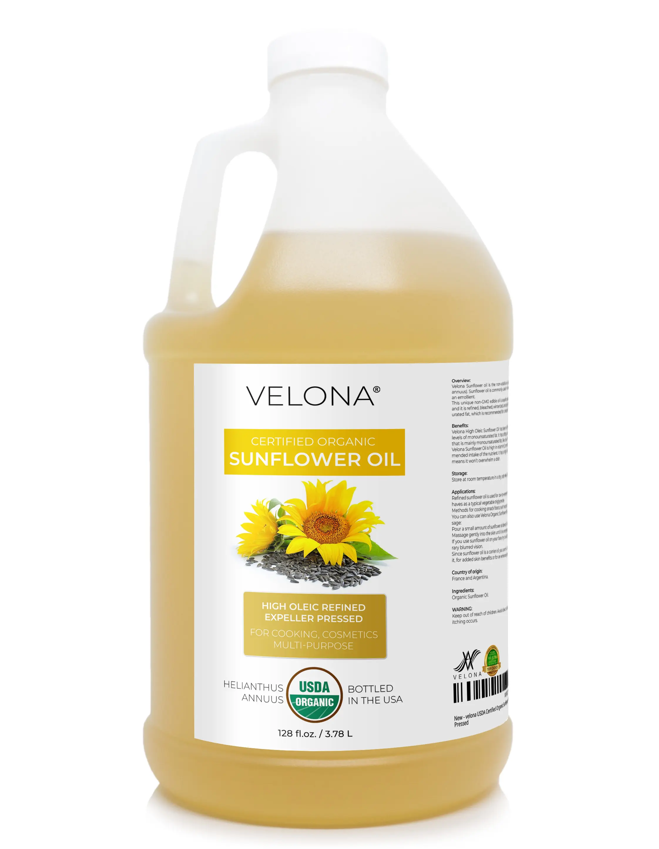 velona USDA Certified Organic Sunflower Oil - 1 Gallon / 128 Fl Oz | 100% Pure and Natural Carrier Oil | High Oleic, Refined, Cold Pressed | Cooking, Skin, Hair, Body & Face Moisturizing
