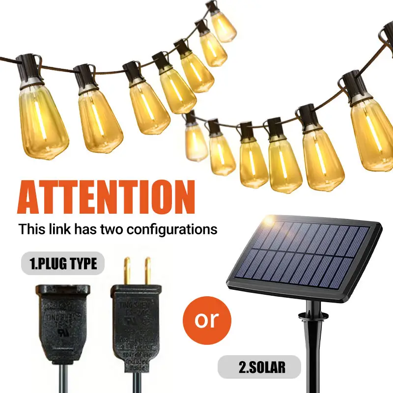 Daybetter plug type or solar string lights, with shatterproof ST38 adjustable Edison light bulb, waterproof, 2700k warm light, perfect for backyard ga