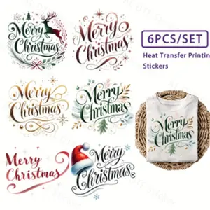 6pcs Christmas Text Heat Transfer Stickers DTF Press on Washable Vinyl DIY Decorative Patch for Clothing T-Shirts Pillows Canvas Bags