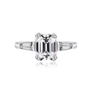 Sterling Silver Solitaire 3-Stone Promise Wedding Engagement Rings for Her, Cubic Zirconia CZ Ring - Emerald  princess cut ring halorings