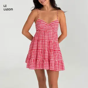 Women Summer Spaghetti Strap Cami Dress Plaid Sweetheart Neck Tiered Hem Back Lacing Short Dresses