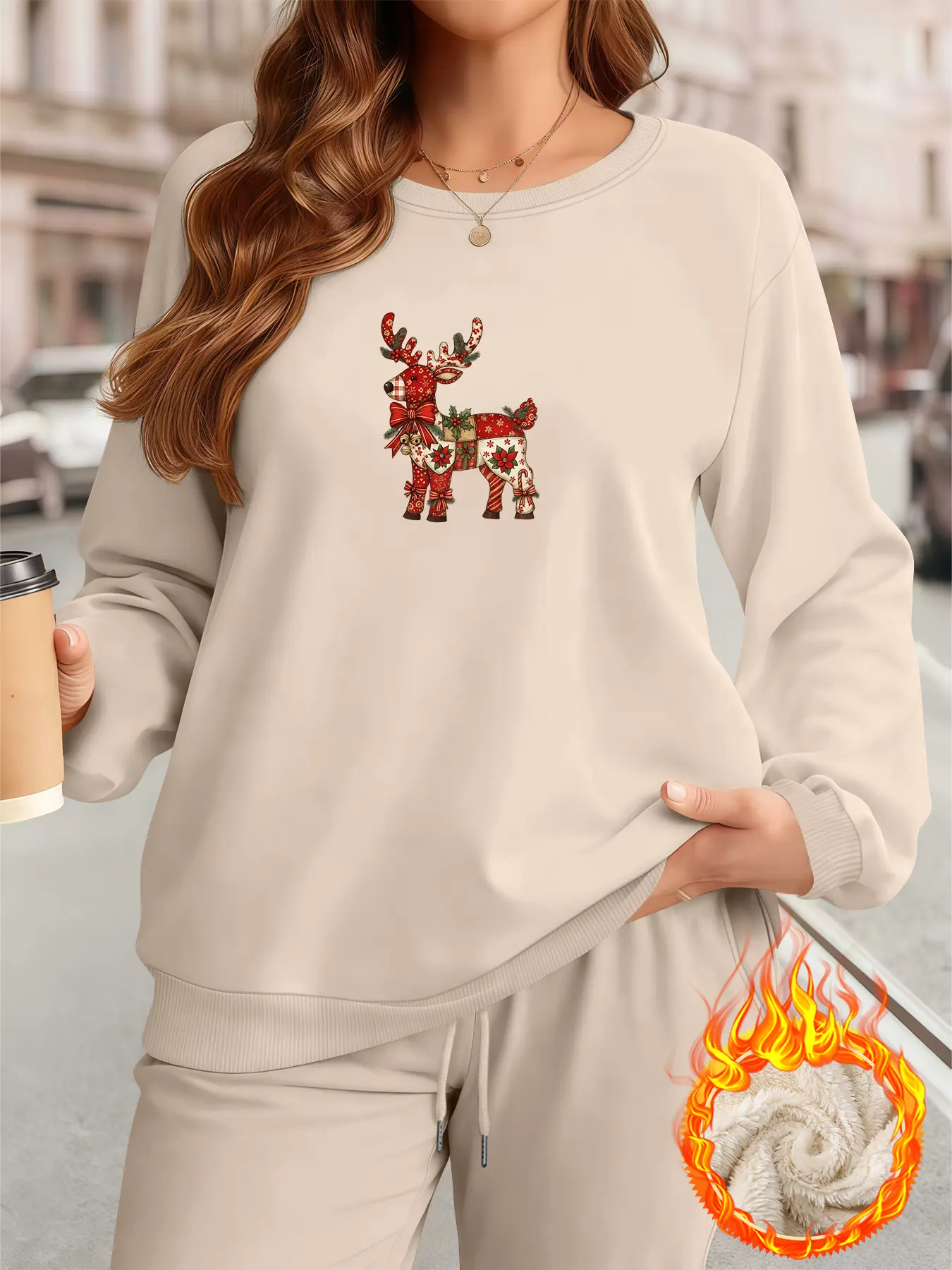 Women's Winter Warm Fleece Set, Christmas Deer Print & Colors, Casual Round Neck Sweater & Pants, Fall & Winter Fashion