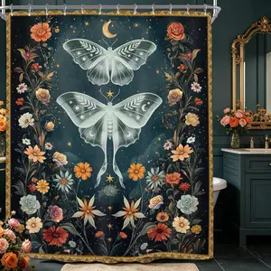 1/4pcs Moth Celestial Wildflower Plant Shower Curtain Set 60Wx71H Inches Witchy Moon Night Mysterious Gothic Tarot Waterproof Bathroom Curtain with 12 Hooks