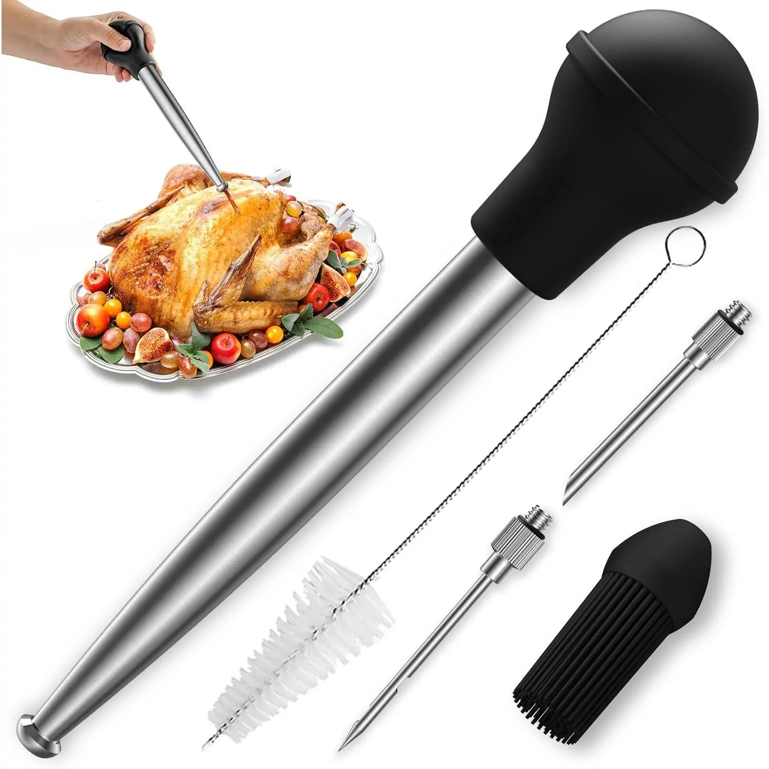 Food Grade Stainless Steel Metal Turkey Baster Syringe Kit with Black Silicone Barbecue Basting Brush, 2 Marinade Injector Needles & Cleaning Brush for Cooking, Barbecue Accessories
