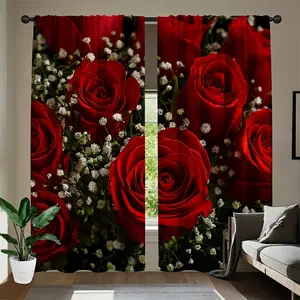 Modern Rose Print Polyester Knit Curtains, Elegant Rod Pocket Drapes, No Rod Needed, for Kitchen Office Bedroom Living Room