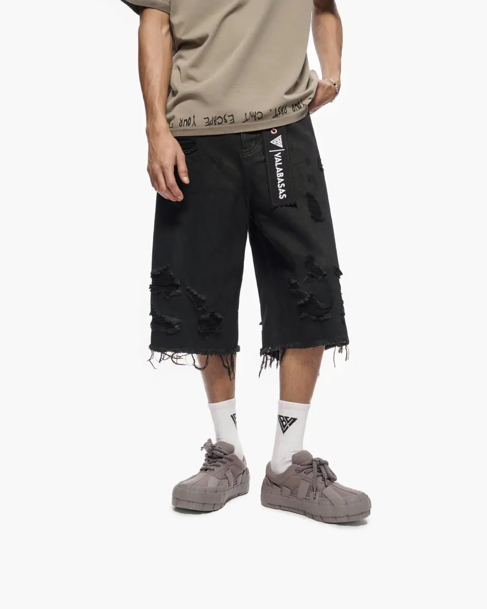 Men's Washed Black Jorts in a Relaxed Fit, Designer Jean Material with Snapped Detail for Everyday Wear, Jean Material Men's Shorts, Fashion, Menswear, Denim, Baggy, Graphic, Snaps, Washed Look, Low Iron, Above The Knee, 90S Loose Fit Men's Shorts