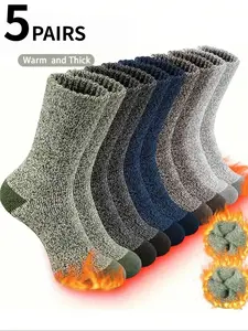 Men's Plain Color Socks Set, Trendy Fashion Winter Thick Warm Comfortable Mid-Calf Socks, 5 Pairs Pack, Casual Style