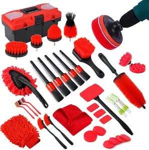 35 count  Detailing Kit, Drill Brush Attachments with Detailing Brush Set and Tools Box, Red Auto Cleaning Kit Interior for Wheels, Dashboard, Windows (B35PCS-R)