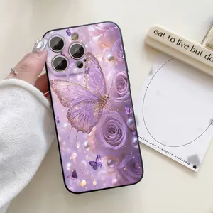 A purple rose and butterfly patterned case, Casing, made of thickened TPU material, drop-resistant, suitable for iPhone 11, 12, 13, 14, 15, 16, 16 PLUS, PRO, PRO MAX, iPhone XR, X, 8/7 Plus