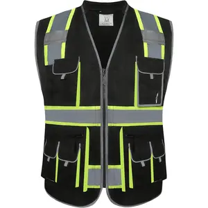 10 pockets hivis zipper front black safety vest cushioned collar high reflective tapes with extended neon yellow strips meets ansiisea standards xlarge 89black