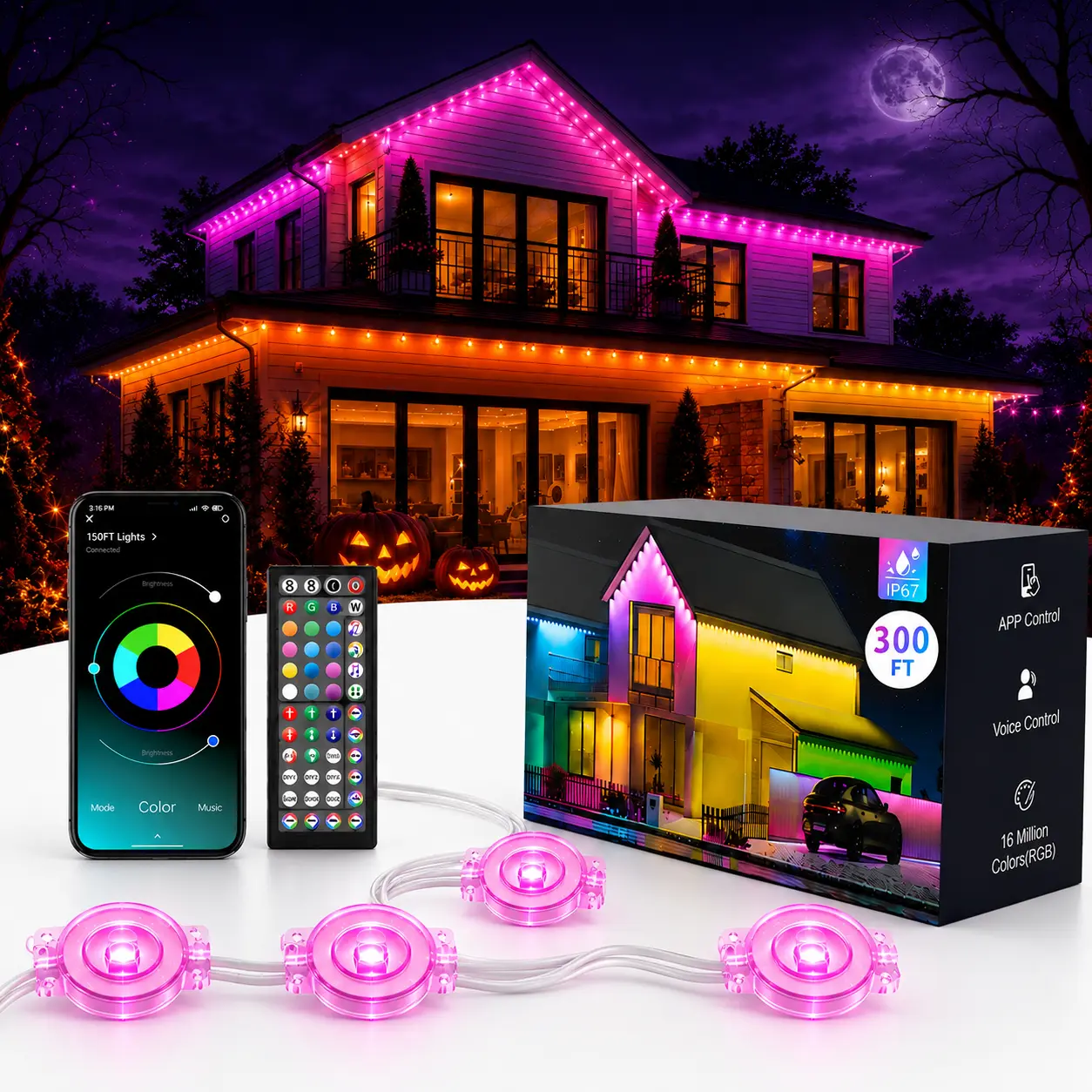 300FT Smart Permanent Outdoor RGB Eave Lights, App & Remote Control, DIY Scene Modes, Waterproof Roofline LED Lights for Christmas, Halloween, Holiday Decor & Year-Round Home Use
