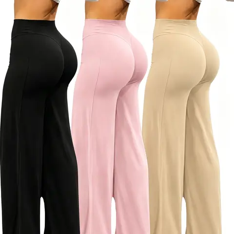 Women's High-Waisted Wide-Leg Flared Pants 3-Piece Set - Fabric, Loose-Fitting, Elastic, Drapey, Soft, Breathable, Basic Style Cropped Pants for All-Season Gym Wear (Pink, Apricot, Black)