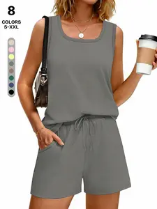 European Street Style Sporty Casual Two-Piece Set, Sleeveless Square Neck Tank Top + Drawstring Shorts, Breathable Comfortable Fabric，loungewear，pyjamas for women
