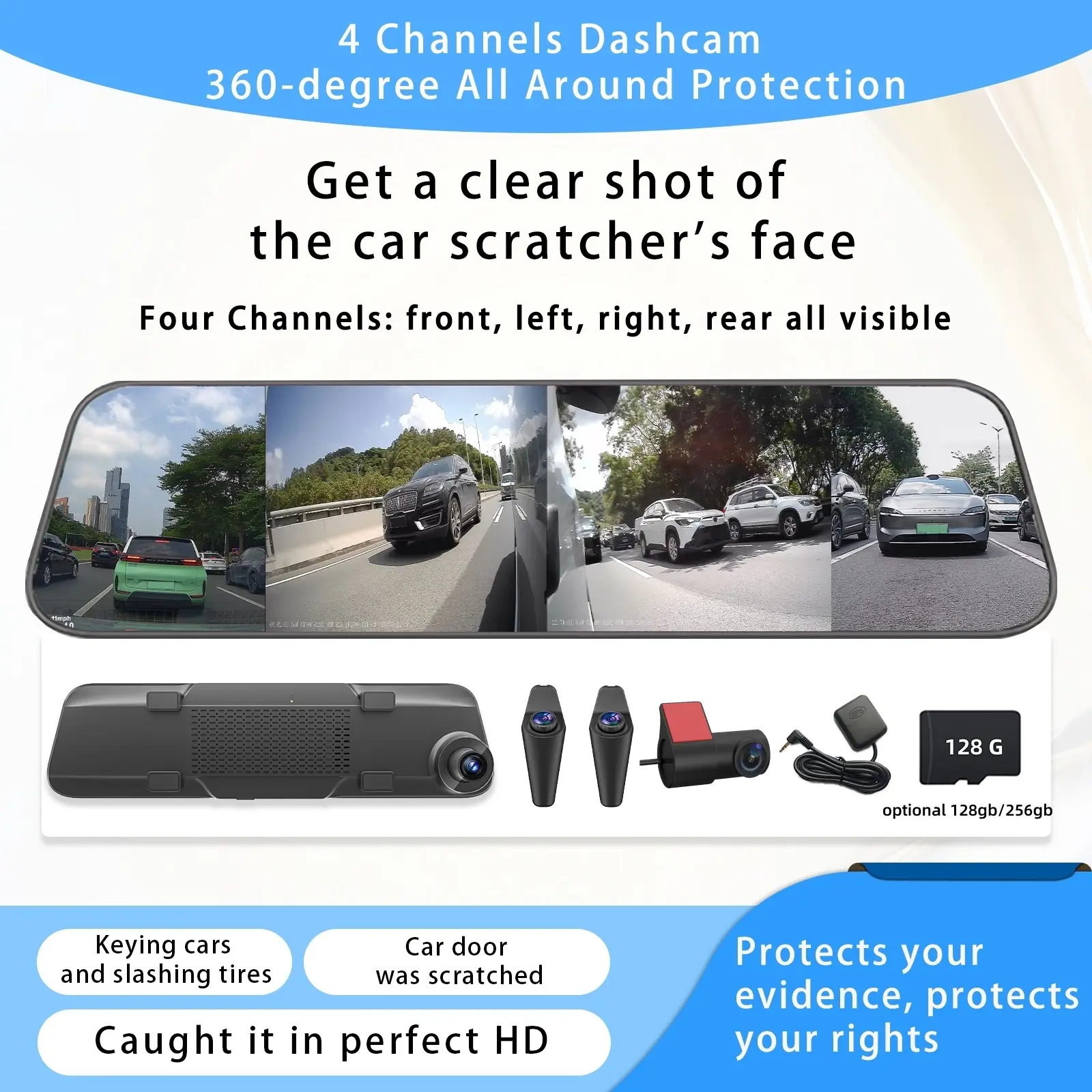 TechPro 4-Channel Dash Cam with 12" Touch Screen Mirror WiFi GPS G-Sensor Loop Recording 360-Degree Panoramic for Cars 1080P Ultra HD Night Vision Parking Assistance