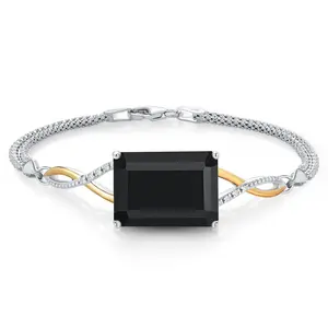 925 Silver and 10K Yellow Gold Black Onyx and Lab Grown Diamond Bracelet For Women | 15.14 Cttw | Gemstone December Birthstone | Emerald Cut 18X13MM | 6.5/7/7.5 Inch | Made In Italy