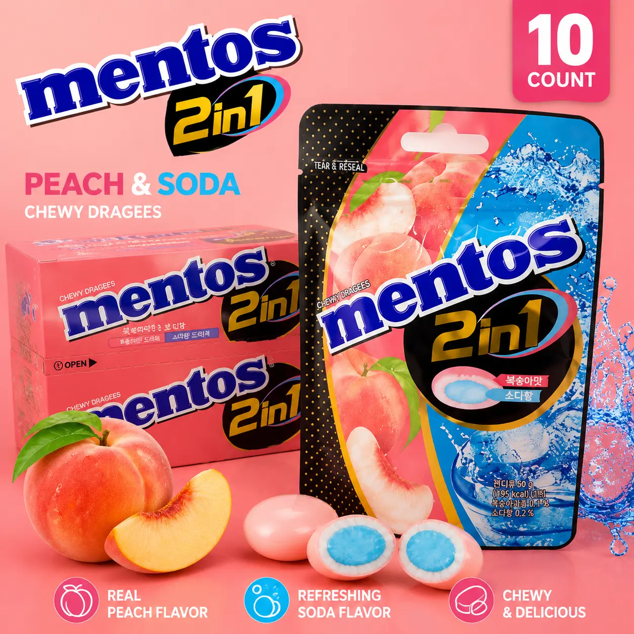 Mentos Korea Import 2 in 1 Peach and Soda Chewy Candy 1.76 oz 10 Count Korean Candy