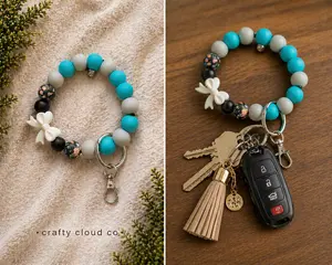 Blue Floral Bow Beaded Wristlet Keychain
