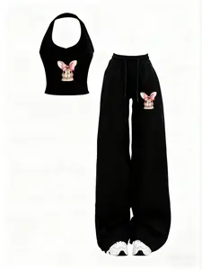 Women's New 2-Piece Set, Sexy Tube Top with Cute Rabbit Bow Print, High-Waisted Drawstring Straight Leg Pants, Urban Outdoor Nightwear