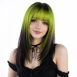 Glueless Synthetic Wig Neon Green Black Ombre with Bangs Heat Resistant Long Hair For Y2K Girl Daily Wear & Cosplay