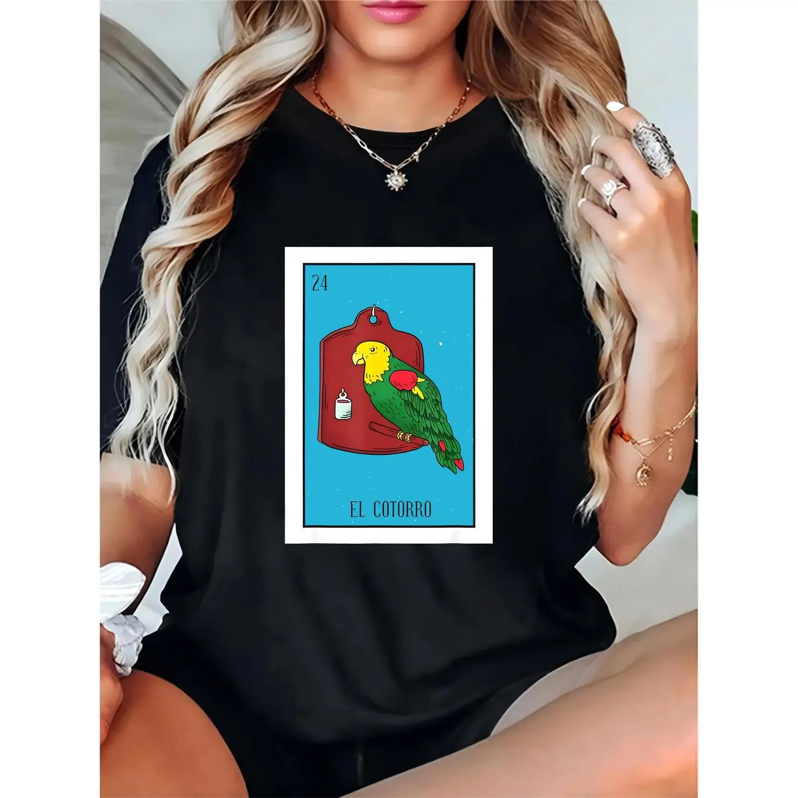 Women's Black T - Shirt with Colorful Parrot Loteria "EL COTORRO" 24 Graphic, Casual Short Sleeve Tee for Animal Lovers, Daily & Party Wear