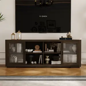 Homsee TV Stand for TVs up to 70", Console Table with Sliding Glass Doors, Entertainment Center with Storage and Adjustable Shelves, 66" Modern Media TV Console Cabinet for Living Room, Brown