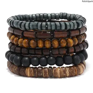 6Pcs Men's Wood Bead Bracelet Set | Boho Stackable Tribal Style - Stretch, Perfect for Daily Wear & Gifts for Him