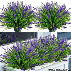 24 Bundles Artificial Lavender Flowers Outdoor UV Resistant Fake Lavender Plants, Faux Plastic Greenery for Indoor Outdoor Home Porch Window Balcony Hanging Planter Garden Room Decor Artificial Lavender Bouquet, Decorative Faux Flowers
