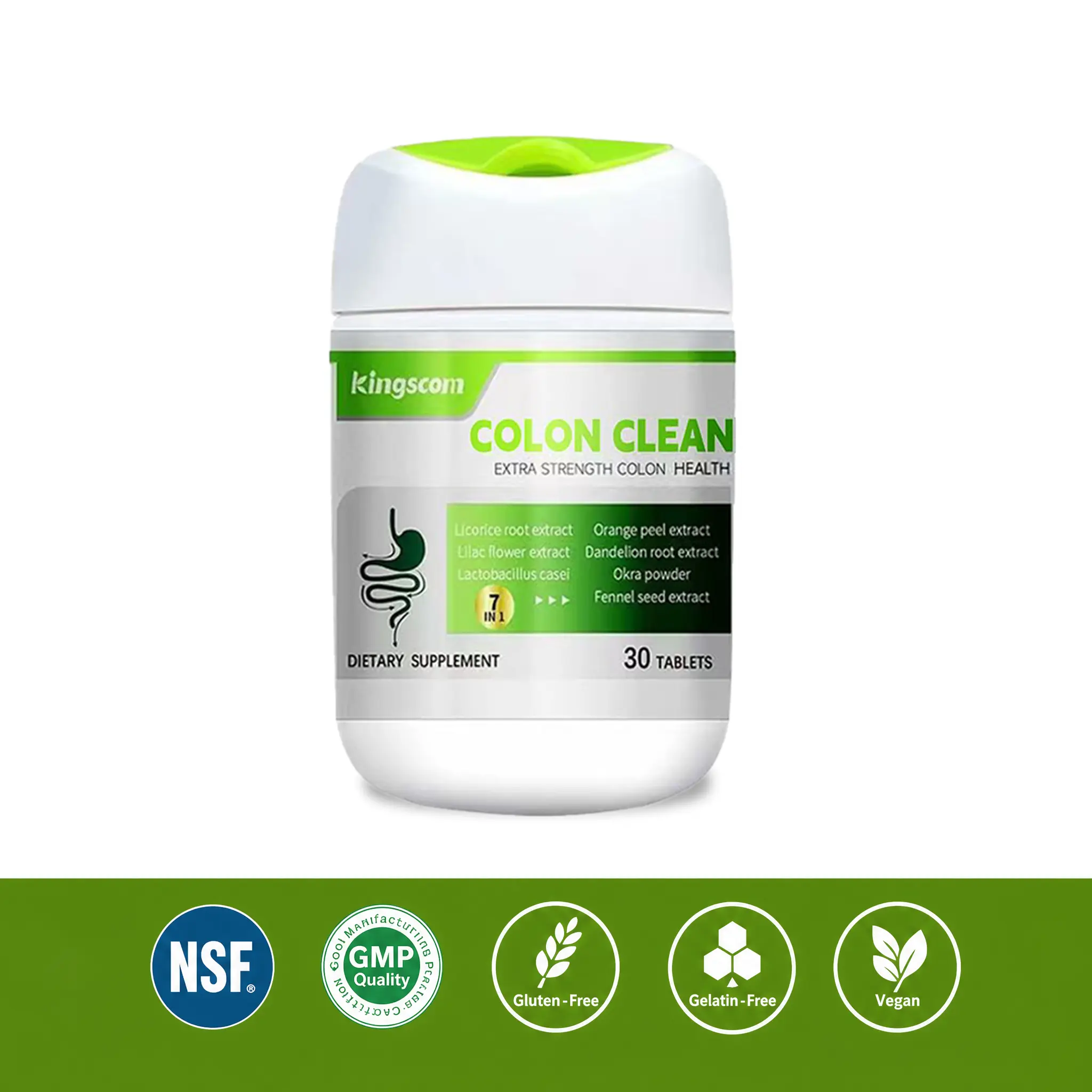 Kingscom Colon Clean Tablets, Natural Plant Extract & Lactobacillus Casei Supplement, Supports Digestive & Gut Health, Vegan, Gluten Free, 30 Tablets