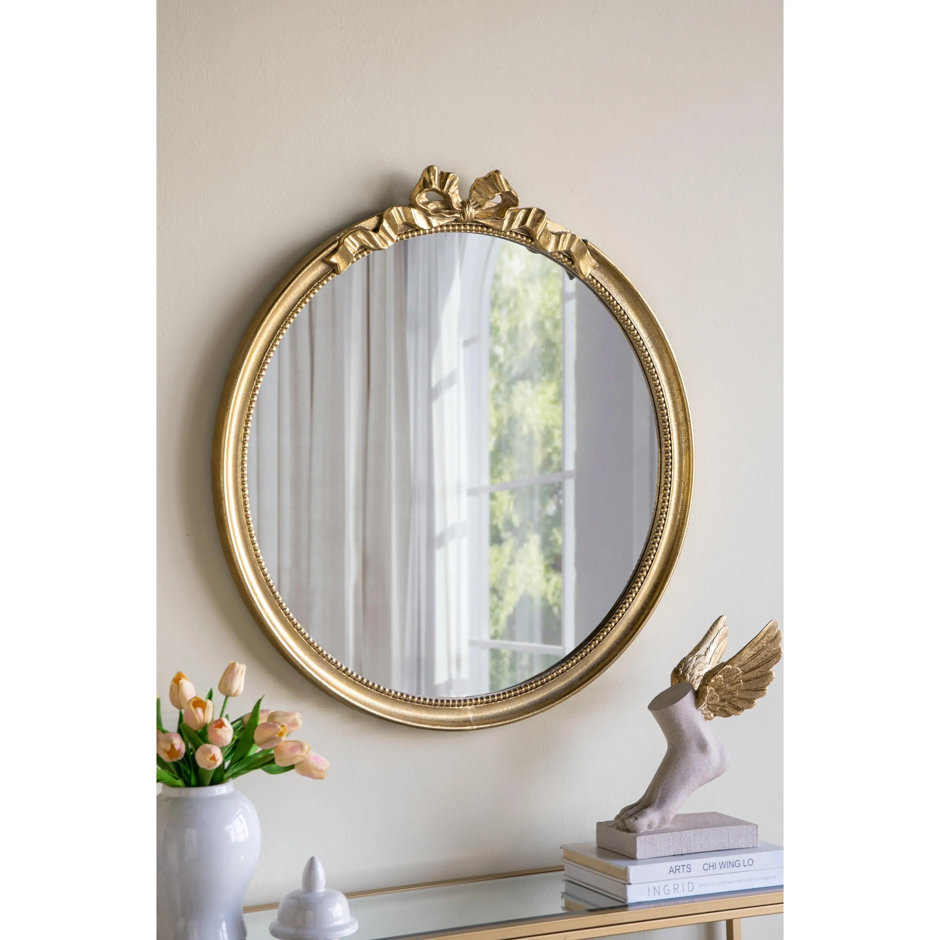 Gold French Country Traditional Wooden Round Wall Mirror - 30x32 in Modern Baroque-Style Scrollwork Crown Frame, 30% Mirror 60% MDF Wall Decor, Bedroom Hanging Natural Light Enhancer