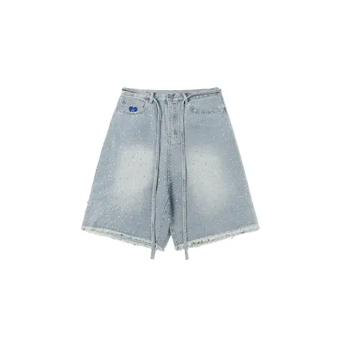 Aelfric Eden Men's Rhinestones High-Waist Baggy Durable Denim Shorts - Multi-Pockets, Distressed Hem, Edgy Finish, Fringe Detail, Chic Streetwear Style, Casual Vintage Jorts, Fit for Skateboarding/Date, Summer Gift, Hand Wash Only, Menswear Bottoms