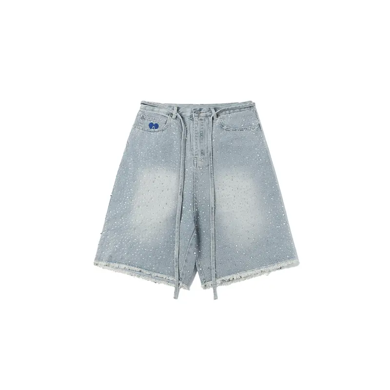 Aelfric Eden Men's Rhinestones High-Waist Baggy Durable Denim Shorts - Multi-Pockets, Distressed Hem, Edgy Finish, Fringe Detail, Chic Streetwear Style, Casual Vintage Jorts, Fit for Skateboarding/Date, Summer Gift, Hand Wash Only, Menswear Bottoms