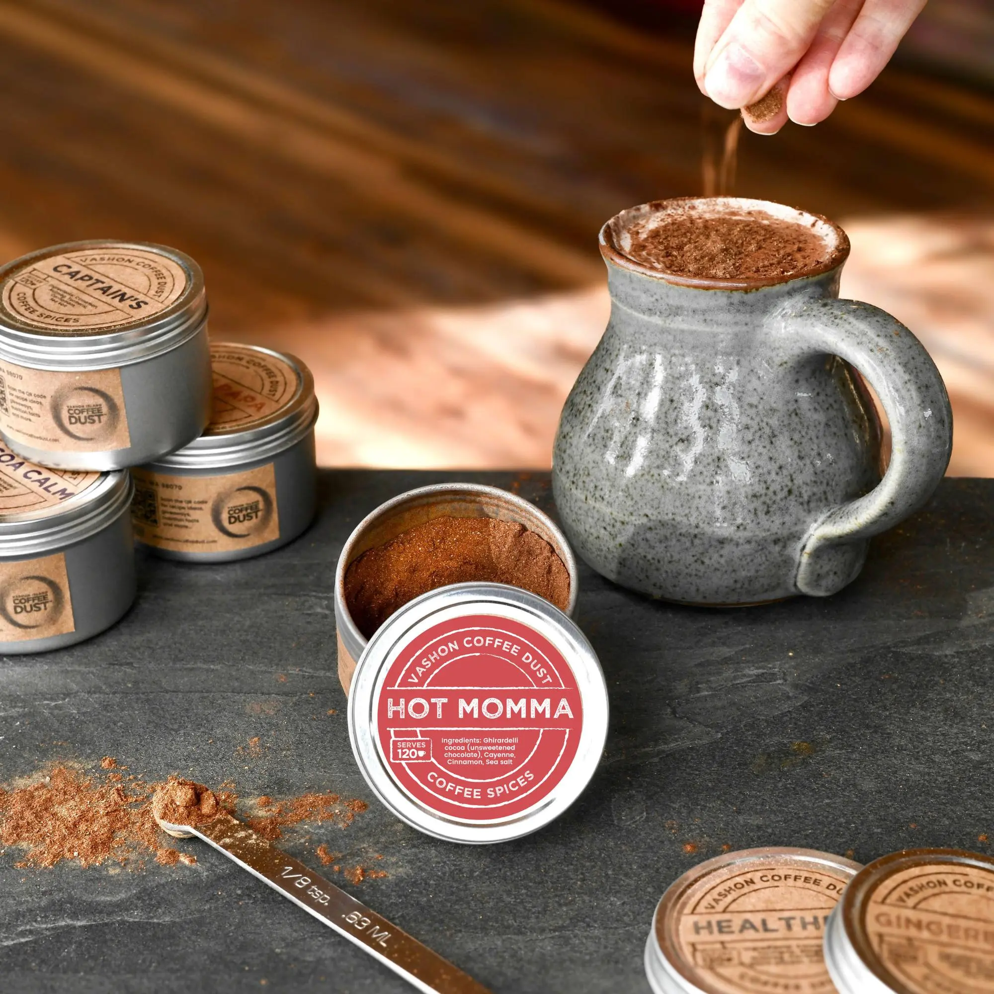 Hot Momma Coffee Dust Drink Topping - 120 Servings, Spiced Coffee Flavoring with Cocoa, Cayenne, Cinnamon, Sea Salt