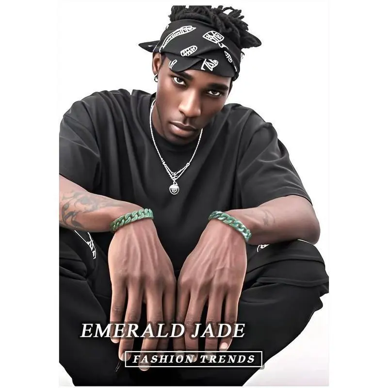 Natural Jade Cuban Chain Bracelet, Jade Titanium Steel Hip Hop Style, Unisex Retro Jewelry, Mysterious Oriental Aesthetic Design Natural Jade Cuban Chain Bracelet, Jade Titanium Steel Hip Hop Style, Unisex Retro Jewelry, Mysterious Oriental Aesthetic Design