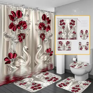 Swan Pattern Bathroom Accessories, 4 Counts/set Including Shower Curtain & Toilet U-shape Mat & Toilet Lid Cover & Rectangular Mat, Bathroom Decor Supplies, Shower Curtain Sets