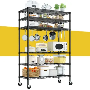 Raybee Storage Shelves with Wheels, 6 Tier Rolling Wire Shelving, Adjustable Metal Shelving Pantry Shelves with Capacity Garage Shelving Storage Organizer for Pantry, Kitchen, Closet Organizing Cabinet Rack
