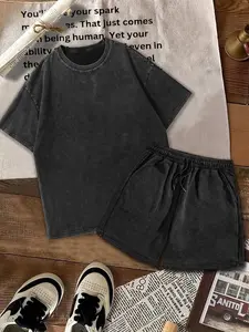 Men's Vintage Two-Piece Tracksuit, Loose-Fit Short Sleeve T-Shirt With Drawstring Waist Shorts, Street Style Casual Outfit, Perfect For Daily Wear